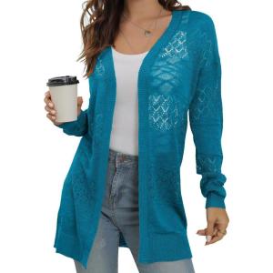 imageGRECERELLE Lightweight Cardigan Sweaters for Women Crochet Knit Open Front Long Sleeve Loose Casual Boho Summer Beach CoverupBlue
