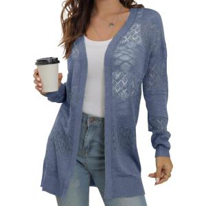 imageGRECERELLE Lightweight Cardigan Sweaters for Women Crochet Knit Open Front Long Sleeve Loose Casual Boho Summer Beach CoverupBlue Gray