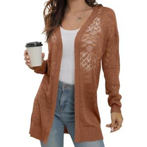 imageGRECERELLE Lightweight Cardigan Sweaters for Women Crochet Knit Open Front Long Sleeve Loose Casual Boho Summer Beach CoverupCaramel