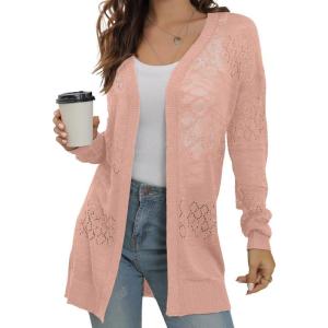 imageGRECERELLE Lightweight Cardigan Sweaters for Women Crochet Knit Open Front Long Sleeve Loose Casual Boho Summer Beach CoverupCoral Pink