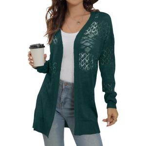 imageGRECERELLE Lightweight Cardigan Sweaters for Women Crochet Knit Open Front Long Sleeve Loose Casual Boho Summer Beach CoverupCyan
