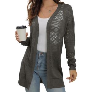 imageGRECERELLE Lightweight Cardigan Sweaters for Women Crochet Knit Open Front Long Sleeve Loose Casual Boho Summer Beach CoverupDark Gray