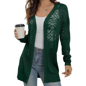 imageGRECERELLE Lightweight Cardigan Sweaters for Women Crochet Knit Open Front Long Sleeve Loose Casual Boho Summer Beach CoverupDark Green