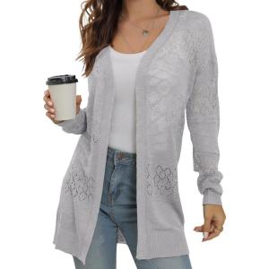imageGRECERELLE Lightweight Cardigan Sweaters for Women Crochet Knit Open Front Long Sleeve Loose Casual Boho Summer Beach CoverupGray