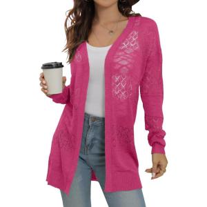 imageGRECERELLE Lightweight Cardigan Sweaters for Women Crochet Knit Open Front Long Sleeve Loose Casual Boho Summer Beach CoverupHot Pink