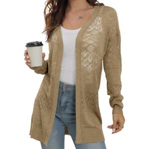 imageGRECERELLE Lightweight Cardigan Sweaters for Women Crochet Knit Open Front Long Sleeve Loose Casual Boho Summer Beach CoverupKhaki