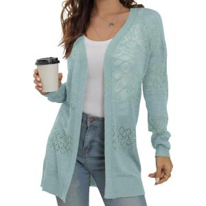 imageGRECERELLE Lightweight Cardigan Sweaters for Women Crochet Knit Open Front Long Sleeve Loose Casual Boho Summer Beach CoverupLight Green
