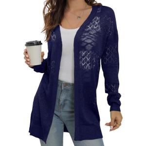 imageGRECERELLE Lightweight Cardigan Sweaters for Women Crochet Knit Open Front Long Sleeve Loose Casual Boho Summer Beach CoverupNavy Blue