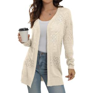 imageGRECERELLE Lightweight Cardigan Sweaters for Women Crochet Knit Open Front Long Sleeve Loose Casual Boho Summer Beach CoverupOatmeal