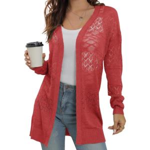 imageGRECERELLE Lightweight Cardigan Sweaters for Women Crochet Knit Open Front Long Sleeve Loose Casual Boho Summer Beach CoverupOrange Red
