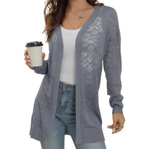 imageGRECERELLE Lightweight Cardigan Sweaters for Women Crochet Knit Open Front Long Sleeve Loose Casual Boho Summer Beach CoverupPencil Gray