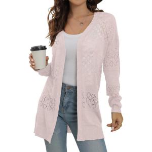 imageGRECERELLE Lightweight Cardigan Sweaters for Women Crochet Knit Open Front Long Sleeve Loose Casual Boho Summer Beach CoverupPink White