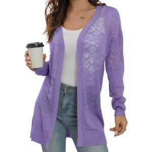 imageGRECERELLE Lightweight Cardigan Sweaters for Women Crochet Knit Open Front Long Sleeve Loose Casual Boho Summer Beach CoverupPurple Gray