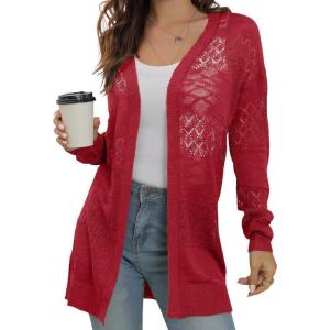 imageGRECERELLE Lightweight Cardigan Sweaters for Women Crochet Knit Open Front Long Sleeve Loose Casual Boho Summer Beach CoverupRed