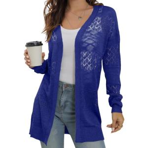 imageGRECERELLE Lightweight Cardigan Sweaters for Women Crochet Knit Open Front Long Sleeve Loose Casual Boho Summer Beach CoverupRoyal Blue