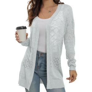 imageGRECERELLE Lightweight Cardigan Sweaters for Women Crochet Knit Open Front Long Sleeve Loose Casual Boho Summer Beach CoverupSilver Gray