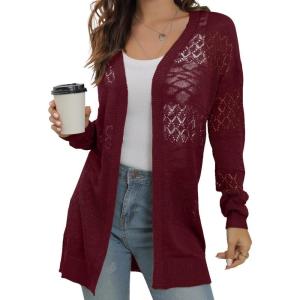 imageGRECERELLE Lightweight Cardigan Sweaters for Women Crochet Knit Open Front Long Sleeve Loose Casual Boho Summer Beach CoverupWine Red