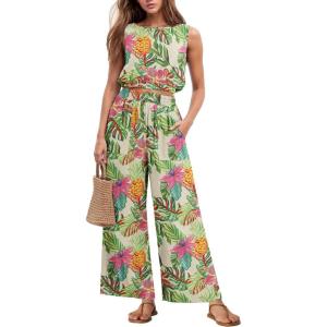 imageGRECERELLE Two Piece Sets for Women Sleeveless Crop Top Wide Leg Pants Sweat Set for Women Tracksuits 2026 SummerAc Pineapple Palm