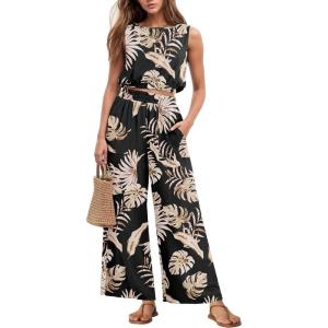 imageGRECERELLE Two Piece Sets for Women Sleeveless Crop Top Wide Leg Pants Sweat Set for Women Tracksuits 2026 SummerBlack Palm Leaf