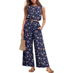 imageGRECERELLE Two Piece Sets for Women Sleeveless Crop Top Wide Leg Pants Sweat Set for Women Tracksuits 2026 SummerBlue Pink Wh Flower