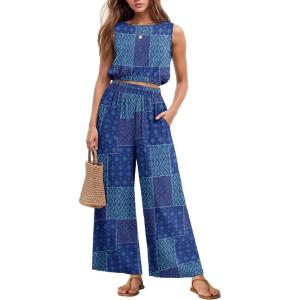 imageGRECERELLE Two Piece Sets for Women Sleeveless Crop Top Wide Leg Pants Sweat Set for Women Tracksuits 2026 SummerBlue Purple Patch