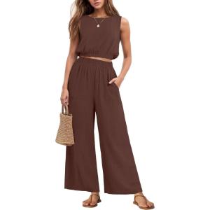 imageGRECERELLE Two Piece Sets for Women Sleeveless Crop Top Wide Leg Pants Sweat Set for Women Tracksuits 2026 SummerCoffee