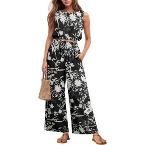 imageGRECERELLE Two Piece Sets for Women Sleeveless Crop Top Wide Leg Pants Sweat Set for Women Tracksuits 2026 SummerFpblack White Branch