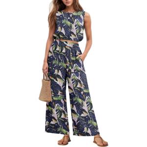 imageGRECERELLE Two Piece Sets for Women Sleeveless Crop Top Wide Leg Pants Sweat Set for Women Tracksuits 2026 SummerFpcolorful Banana Leaf