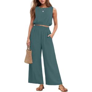 imageGRECERELLE Two Piece Sets for Women Sleeveless Crop Top Wide Leg Pants Sweat Set for Women Tracksuits 2026 SummerGray Blue