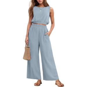 imageGRECERELLE Two Piece Sets for Women Sleeveless Crop Top Wide Leg Pants Sweat Set for Women Tracksuits 2026 SummerHaze Blue