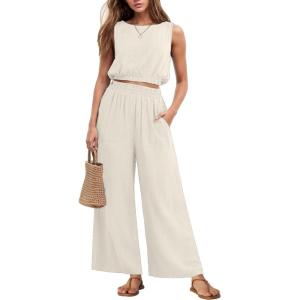 imageGRECERELLE Two Piece Sets for Women Sleeveless Crop Top Wide Leg Pants Sweat Set for Women Tracksuits 2026 SummerIvory White