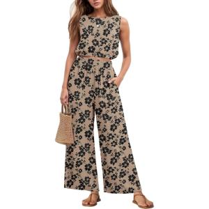 imageGRECERELLE Two Piece Sets for Women Sleeveless Crop Top Wide Leg Pants Sweat Set for Women Tracksuits 2026 SummerKhaki Black Flower