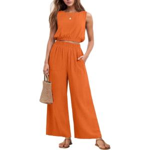 imageGRECERELLE Two Piece Sets for Women Sleeveless Crop Top Wide Leg Pants Sweat Set for Women Tracksuits 2026 SummerOrange