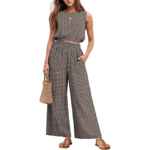 imageGRECERELLE Two Piece Sets for Women Sleeveless Crop Top Wide Leg Pants Sweat Set for Women Tracksuits 2026 SummerWh Brown Pinstripe