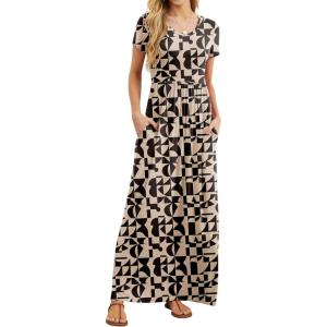 imageGRECERELLE Women Summer Casual Maxi Long Dress Short Sleeve Crew Neck with Pockets Size S3XLApricot Geometry