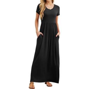 imageGRECERELLE Women Summer Casual Maxi Long Dress Short Sleeve Crew Neck with Pockets Size S3XLBlack