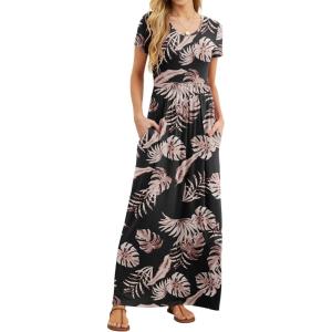 imageGRECERELLE Women Summer Casual Maxi Long Dress Short Sleeve Crew Neck with Pockets Size S3XLBlack Palm Leaf