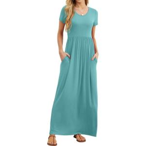 imageGRECERELLE Women Summer Casual Maxi Long Dress Short Sleeve Crew Neck with Pockets Size S3XLCyan