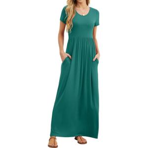 imageGRECERELLE Women Summer Casual Maxi Long Dress Short Sleeve Crew Neck with Pockets Size S3XLEmerald Blue