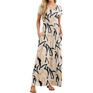 imageGRECERELLE Women Summer Casual Maxi Long Dress Short Sleeve Crew Neck with Pockets Size S3XLGeometric Ribbon