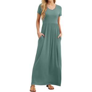imageGRECERELLE Women Summer Casual Maxi Long Dress Short Sleeve Crew Neck with Pockets Size S3XLHaze Blue