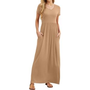 imageGRECERELLE Women Summer Casual Maxi Long Dress Short Sleeve Crew Neck with Pockets Size S3XLKhaki