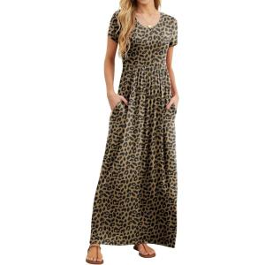 imageGRECERELLE Women Summer Casual Maxi Long Dress Short Sleeve Crew Neck with Pockets Size S3XLLd Khaki