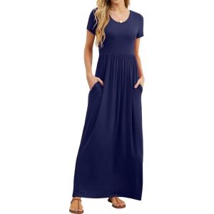imageGRECERELLE Women Summer Casual Maxi Long Dress Short Sleeve Crew Neck with Pockets Size S3XLNavy Blue