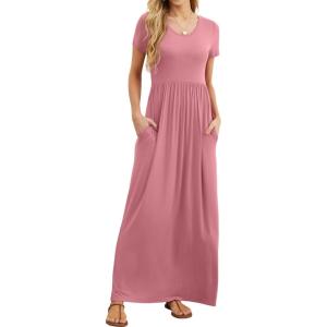 imageGRECERELLE Women Summer Casual Maxi Long Dress Short Sleeve Crew Neck with Pockets Size S3XLPink