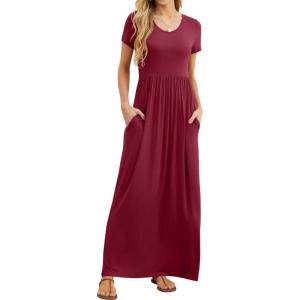 imageGRECERELLE Women Summer Casual Maxi Long Dress Short Sleeve Crew Neck with Pockets Size S3XLWine Red