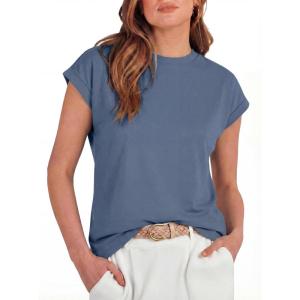 imageGRECERELLE Womens Summer Tops Cap Sleeve Basic Tee Shirts Casual Tank Top Loose Crew Neck 2026 Trendy Clothes S2XLDenim Blue