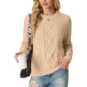 imageGRECERELLE Womens 2026 Fall amp Winter Fashion Sweater Crewneck Long Sleeve Cable Knit Chunky Vintage Casual Pullover TopsApricot