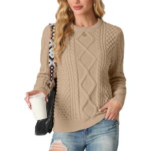 imageGRECERELLE Womens 2026 Fall amp Winter Fashion Sweater Crewneck Long Sleeve Cable Knit Chunky Vintage Casual Pullover TopsCamel