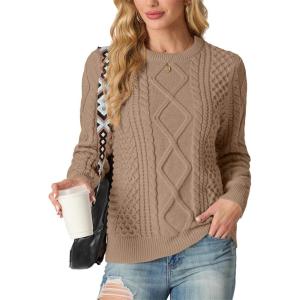 imageGRECERELLE Womens 2026 Fall amp Winter Fashion Sweater Crewneck Long Sleeve Cable Knit Chunky Vintage Casual Pullover TopsKhaki